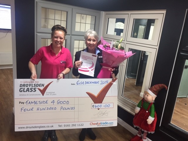 Droylsden Glass team with charity cheque