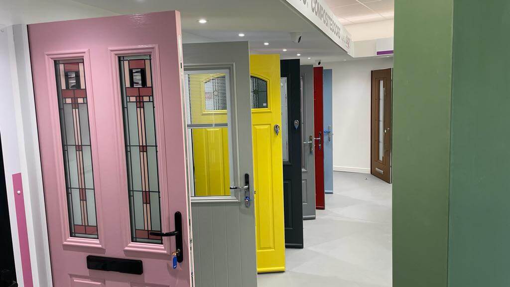 Composite doors in Droylsden Glass showroom